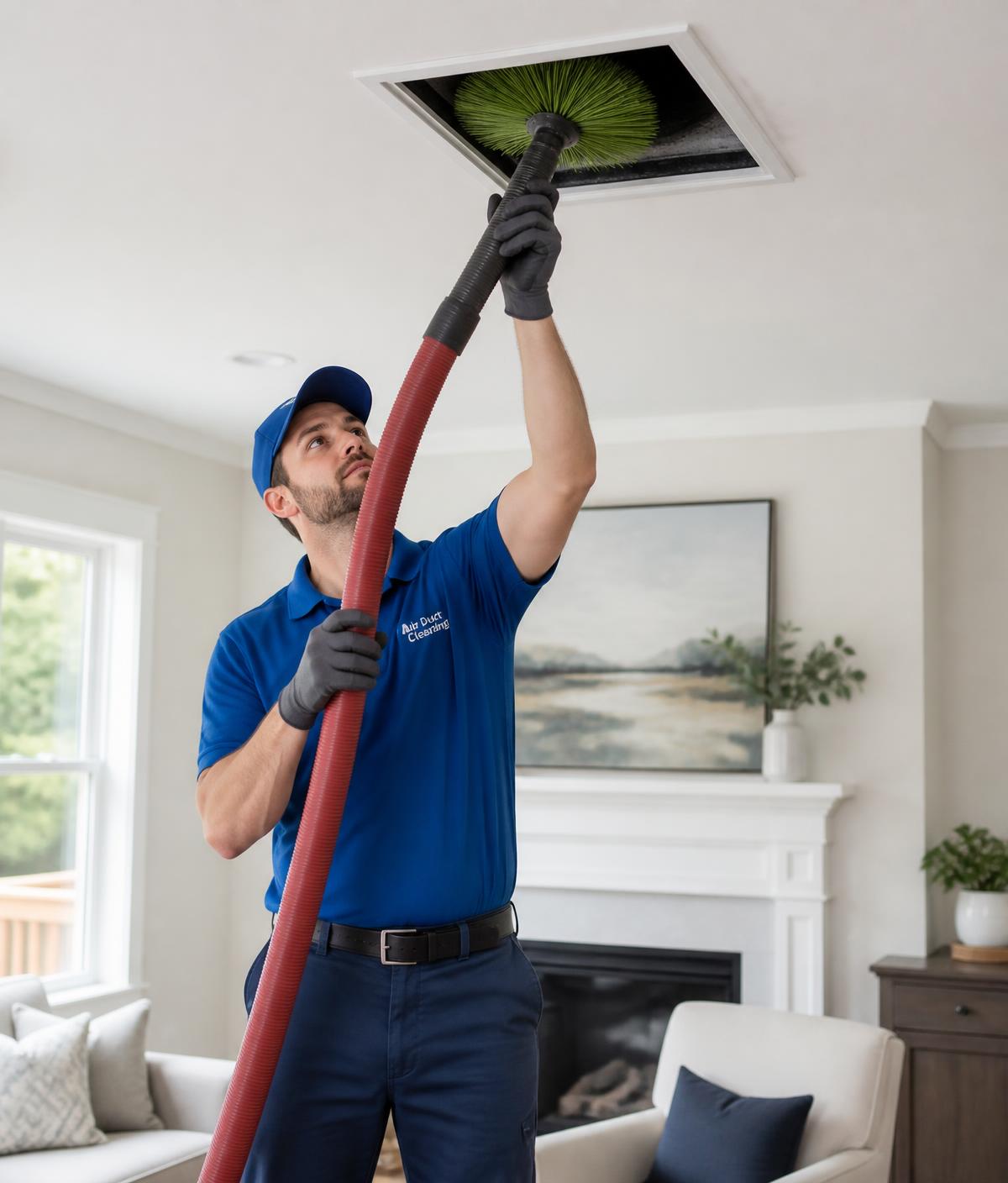 Blue Sky technician cleaning a ceiling air duct with a rotary brush and vacuum hose in a Midlothian home