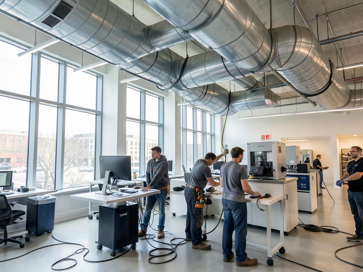 Technicians servicing exposed overhead metal HVAC ductwork in a bright commercial office