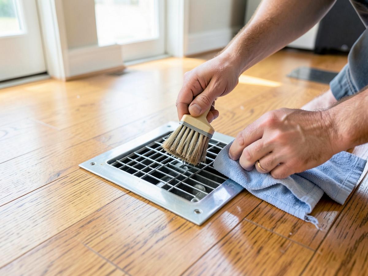 Hands brushing and wiping a metal floor register cover on a hardwood floor